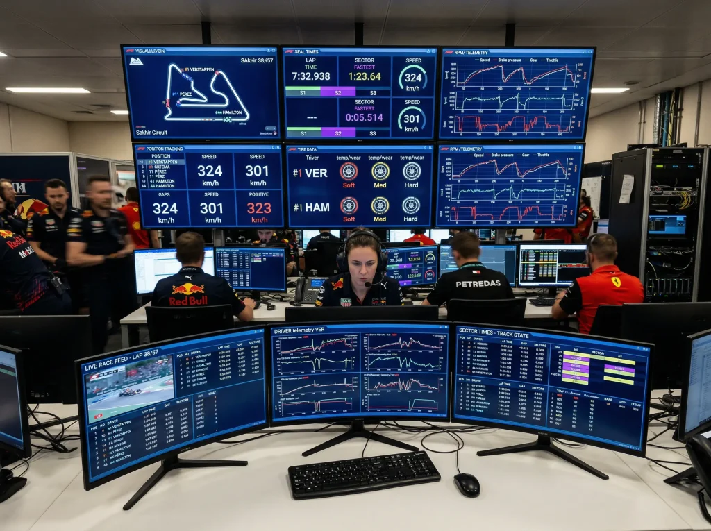 Pantallas mostrando datos en tiempo real de Fórmula 1 para mercados de apuestas
