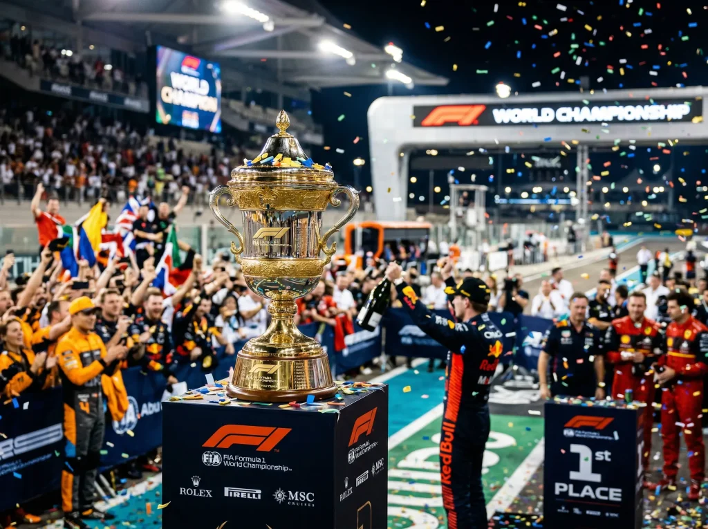 Trofeo del campeonato mundial de Fórmula 1 con confeti celebrando al campeón