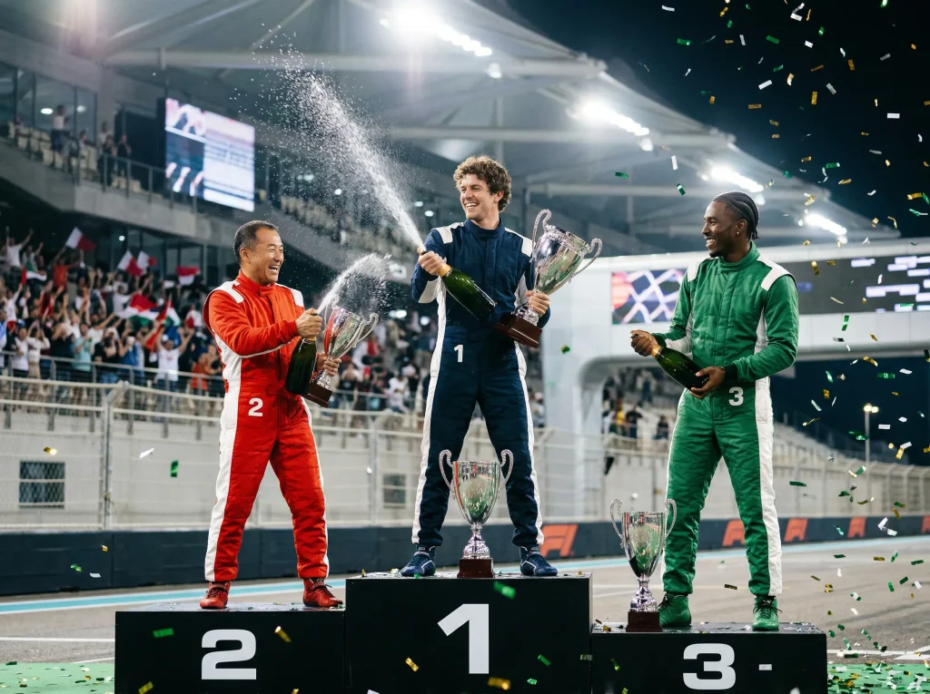 Tres pilotos de Fórmula 1 celebrando en el podio con trofeos y champán