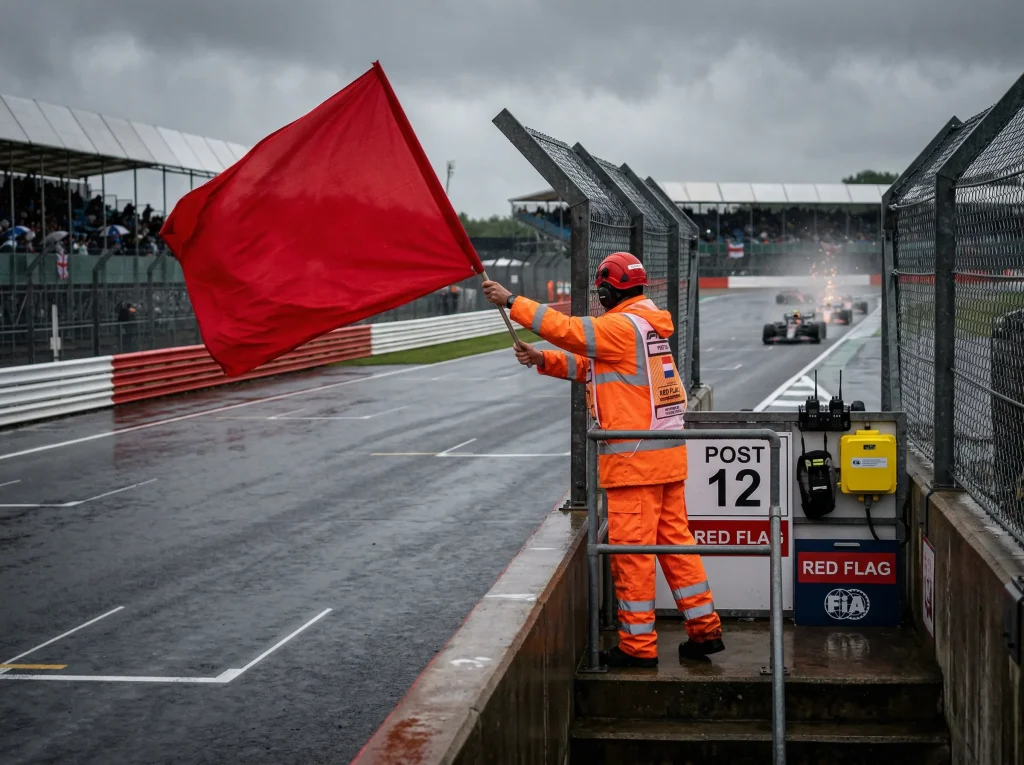 Bandera roja ondeando en un Gran Premio de Fórmula 1 indicando suspensión de carrera