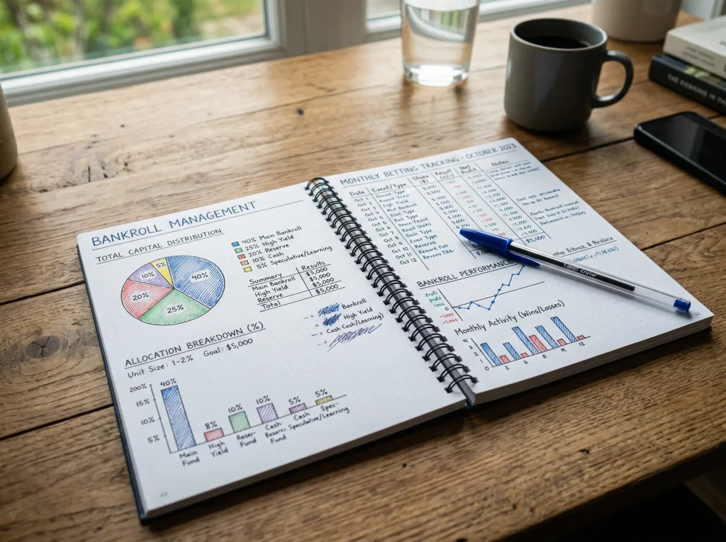 Libreta con gráficos de gestión de capital para apuestas de Fórmula 1