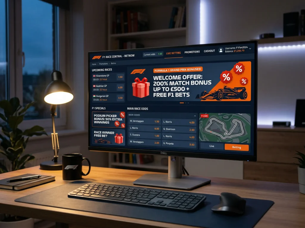 Interfaz de casa de apuestas mostrando promociones y bonos para Fórmula 1