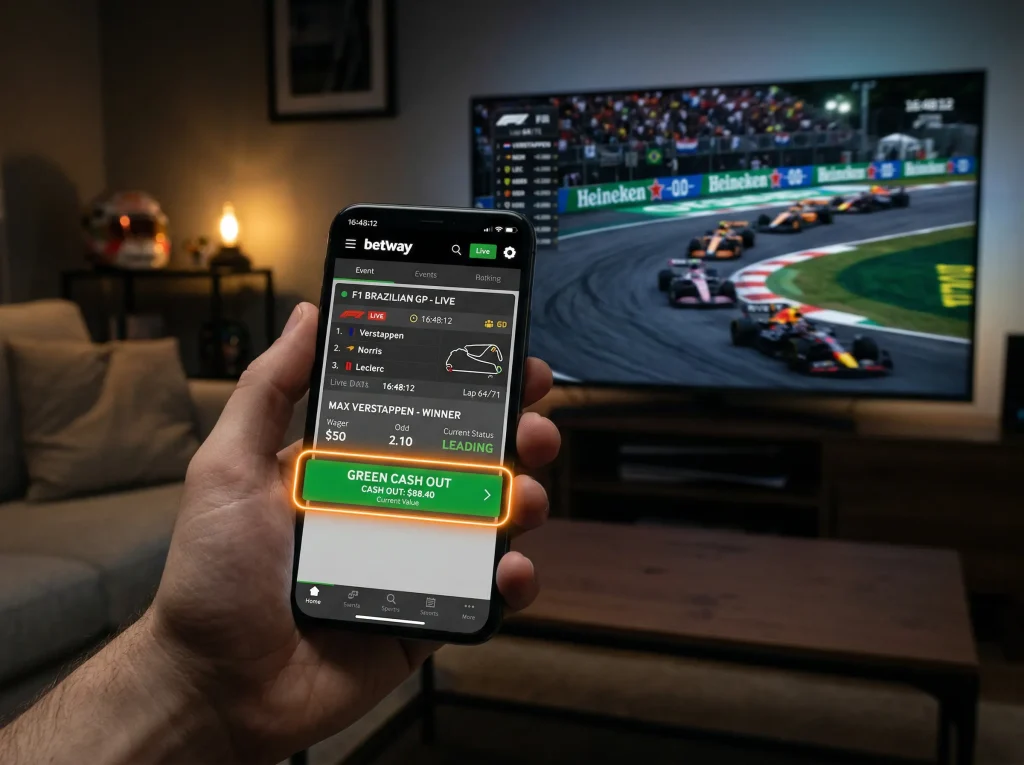 Pantalla de casa de apuestas mostrando opción de cash out durante carrera de Fórmula 1