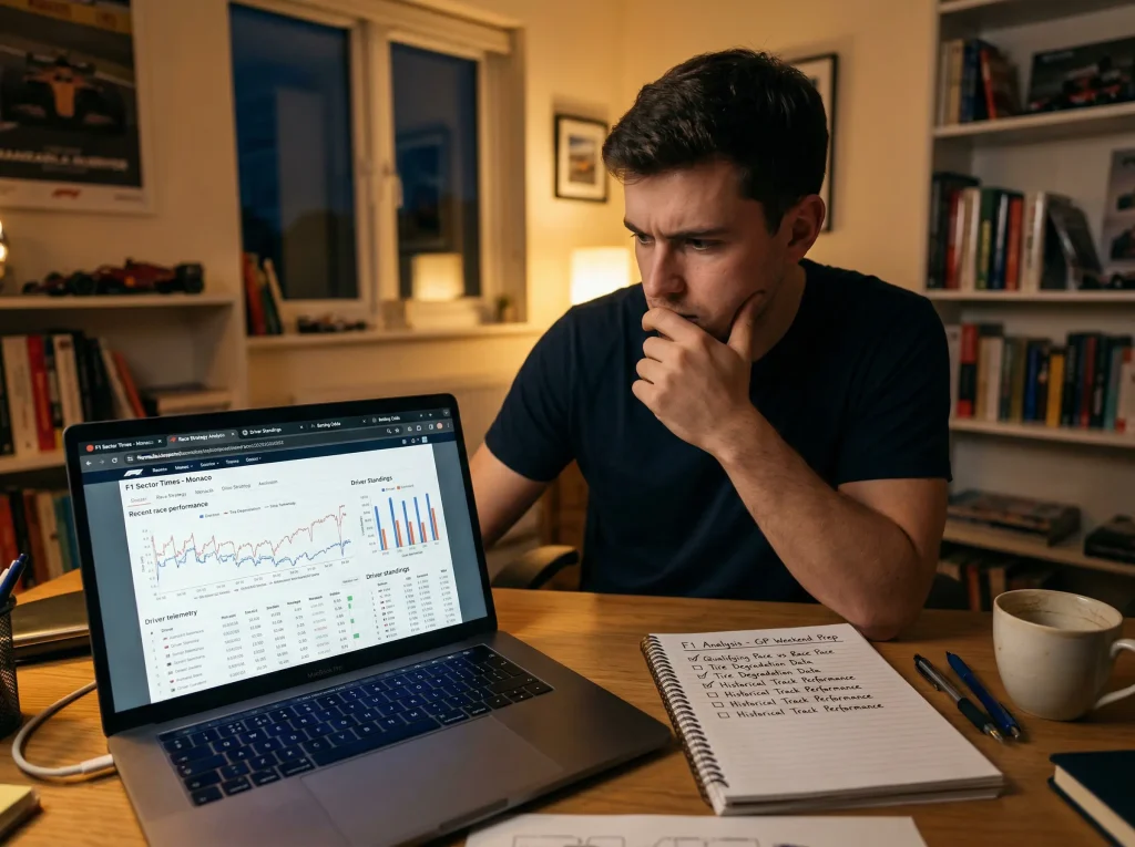 Apostador analizando datos de Fórmula 1 evitando errores comunes