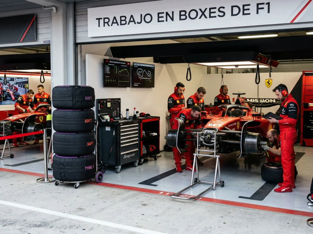 Boxes de Fórmula 1 con mecánicos preparando los monoplazas durante un Gran Premio