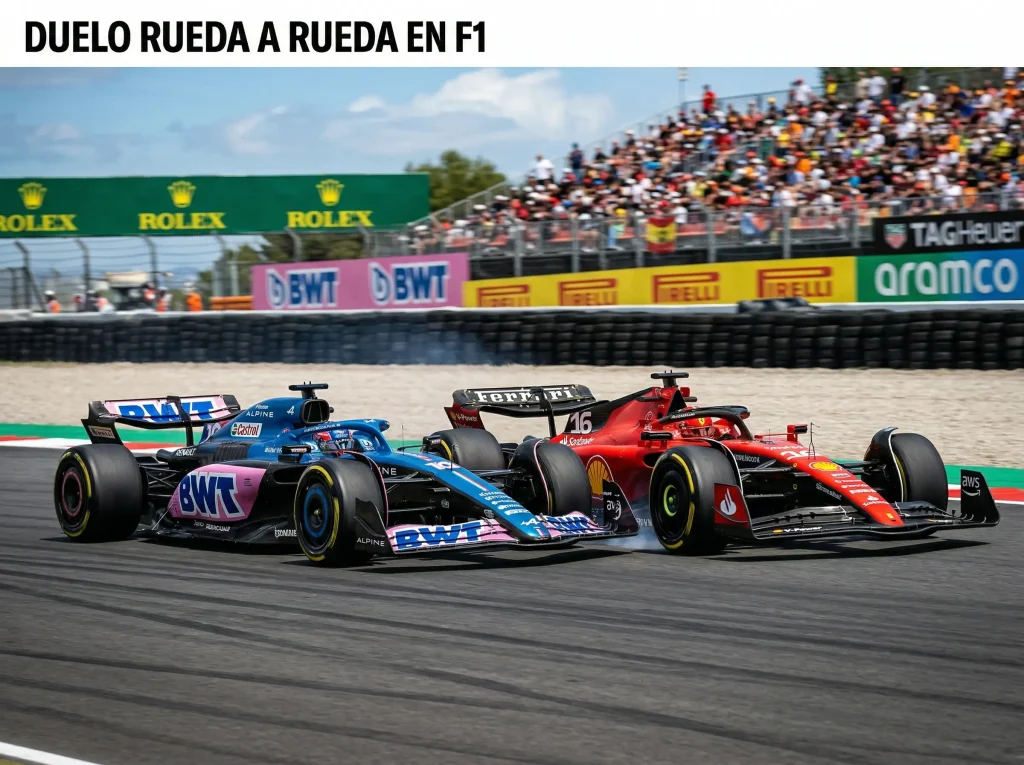 Dos monoplazas de Fórmula 1 luchando rueda a rueda en un duelo directo