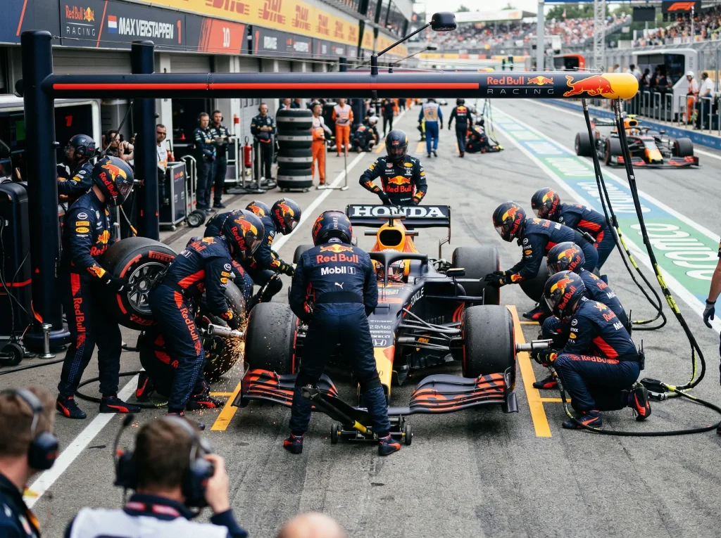 Mecánicos de Fórmula 1 realizando un pit stop rápido con cambio de neumáticos
