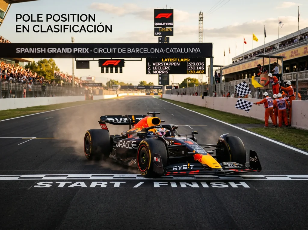 Monoplaza de Fórmula 1 cruzando la línea de meta en clasificación para conseguir la pole position
