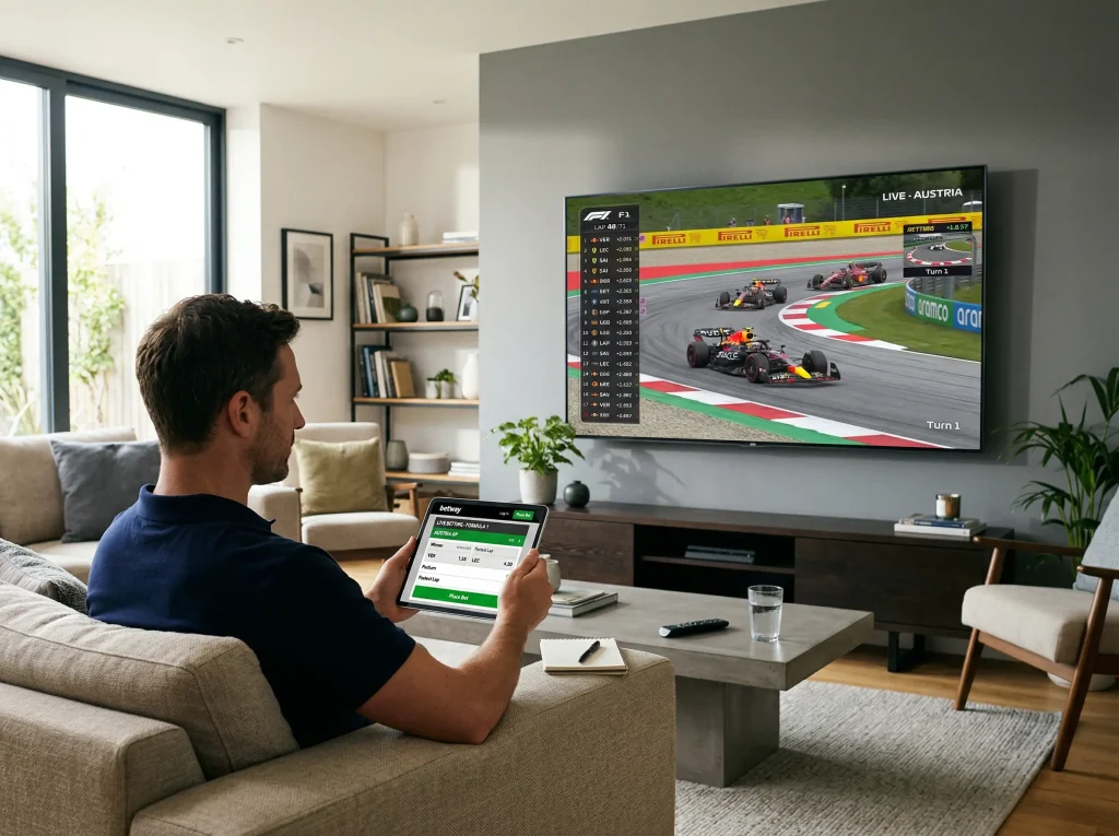 Pantalla mostrando retransmisión de Fórmula 1 junto a interfaz de apuestas en vivo